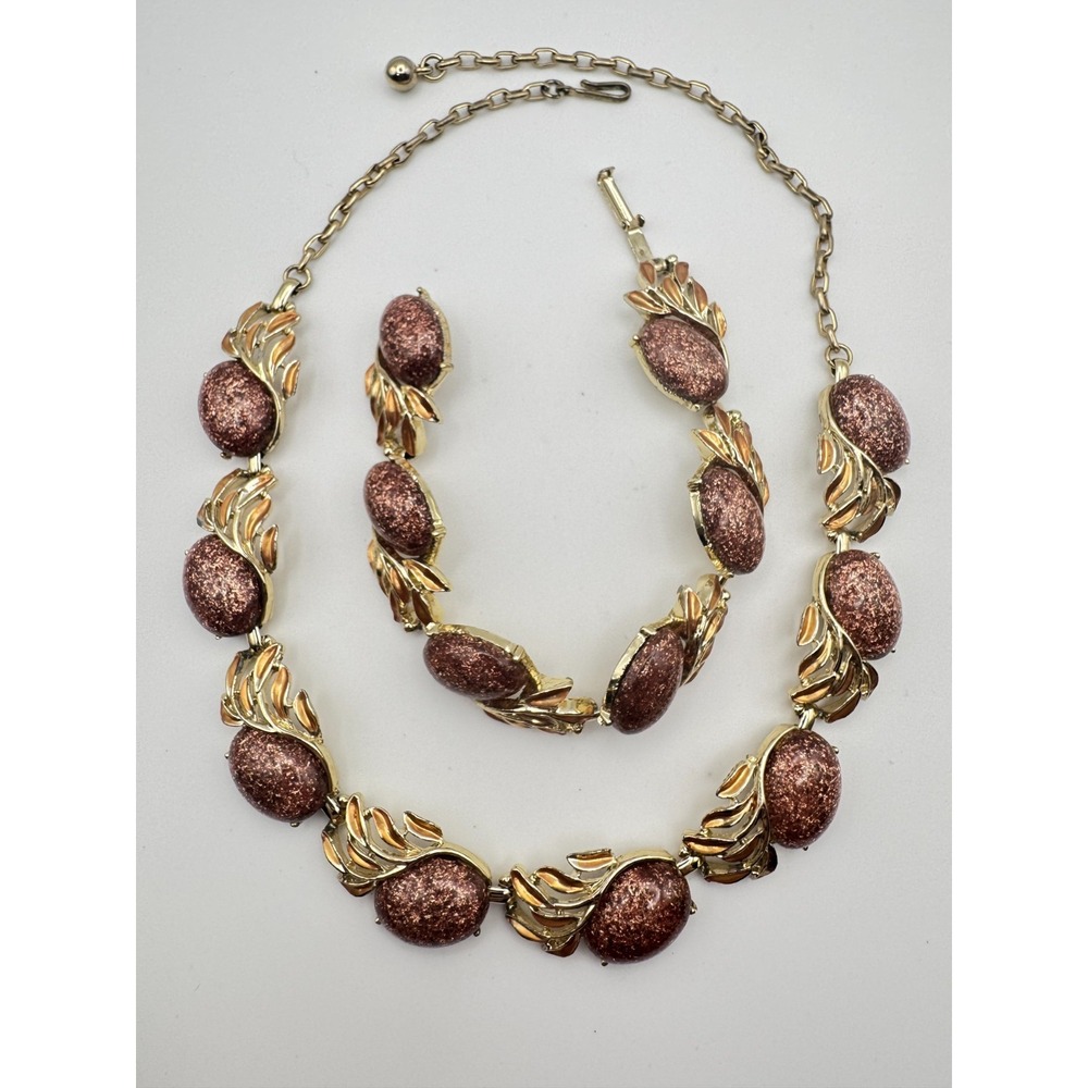 Vtg Speckled Necklace Bracelet Set Gold Tone Faux Goldstone & Enamel Panel 17"